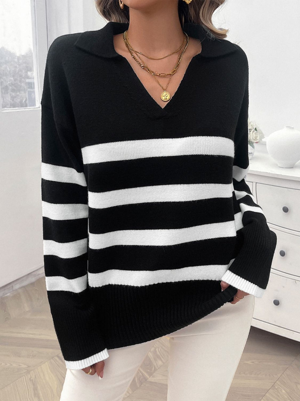 Womens Striped Collared Neck Long Sleeve Sweater (S-XL)