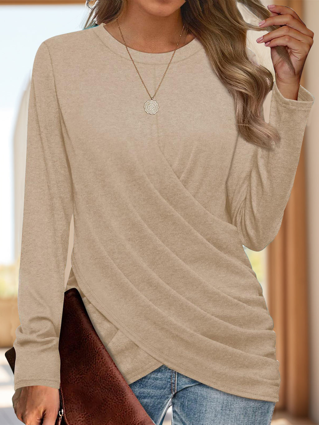 Womens Ruched Round Neck Long Sleeve T-Shirt (S-2XL)