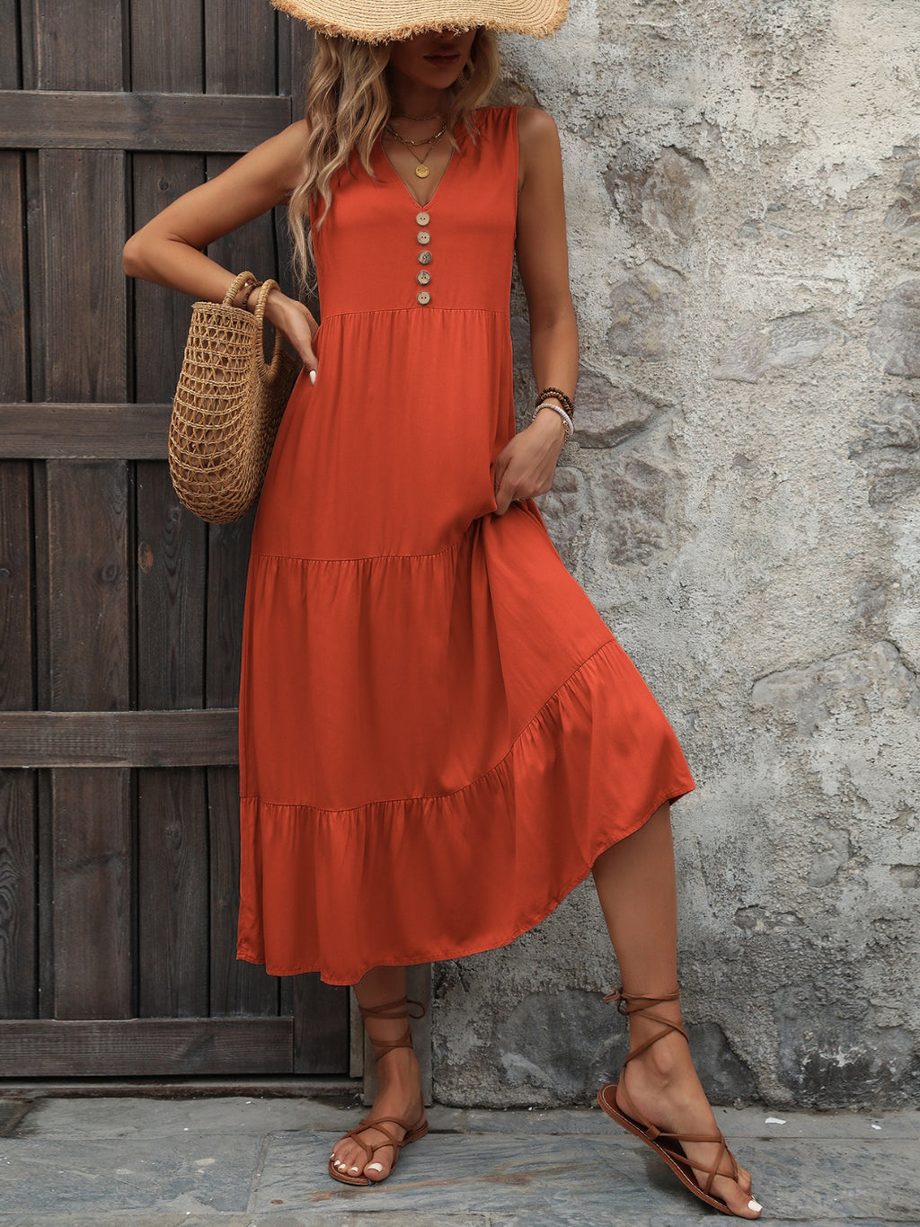 Womens Decorative Button Notched Sleeveless Dress (S-2XL)