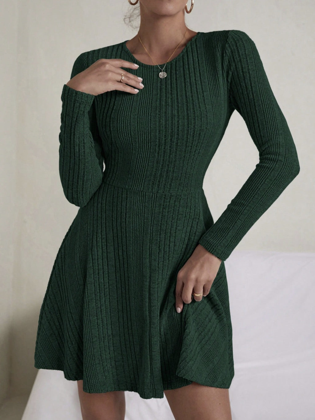 Womens Textured Round Neck Long Sleeve Dress (S-XL)