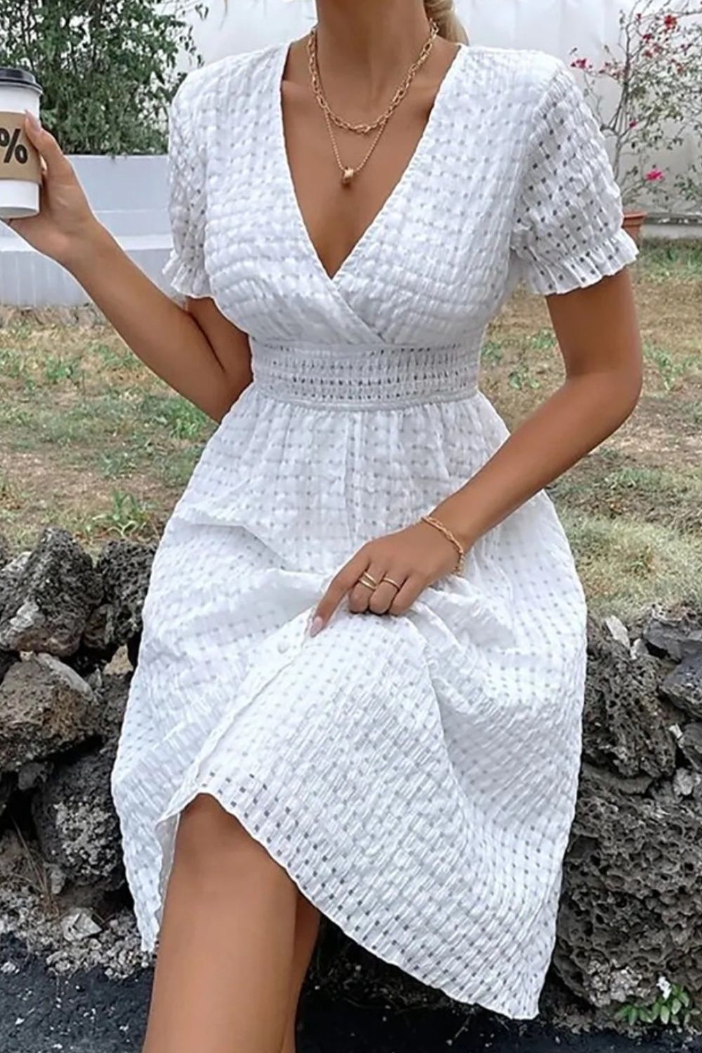Womens Textured Surplice Short Sleeve Dress (S-2XL)