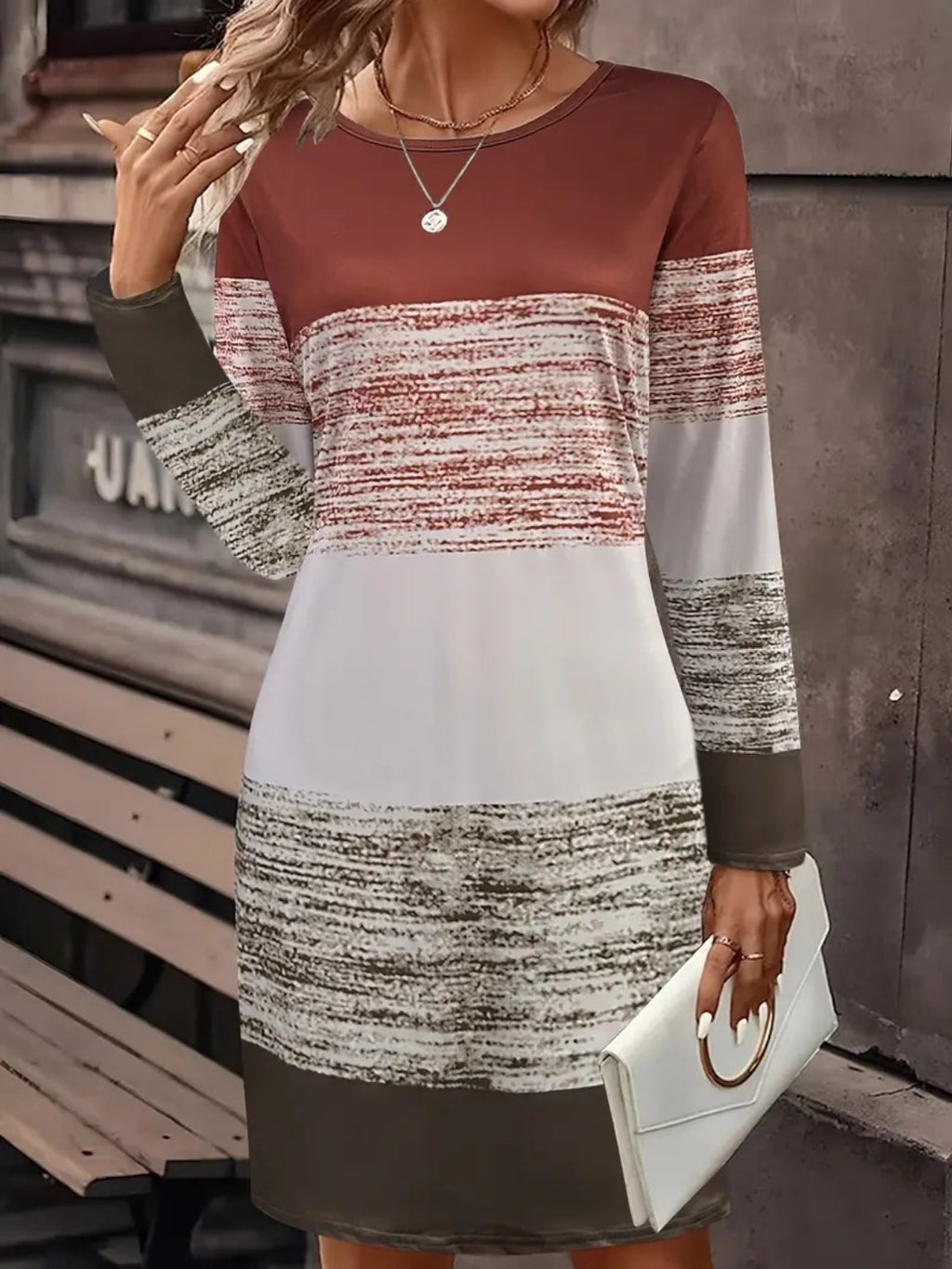 Womens Color Block Round Neck Long Sleeve Dress (S-2XL)
