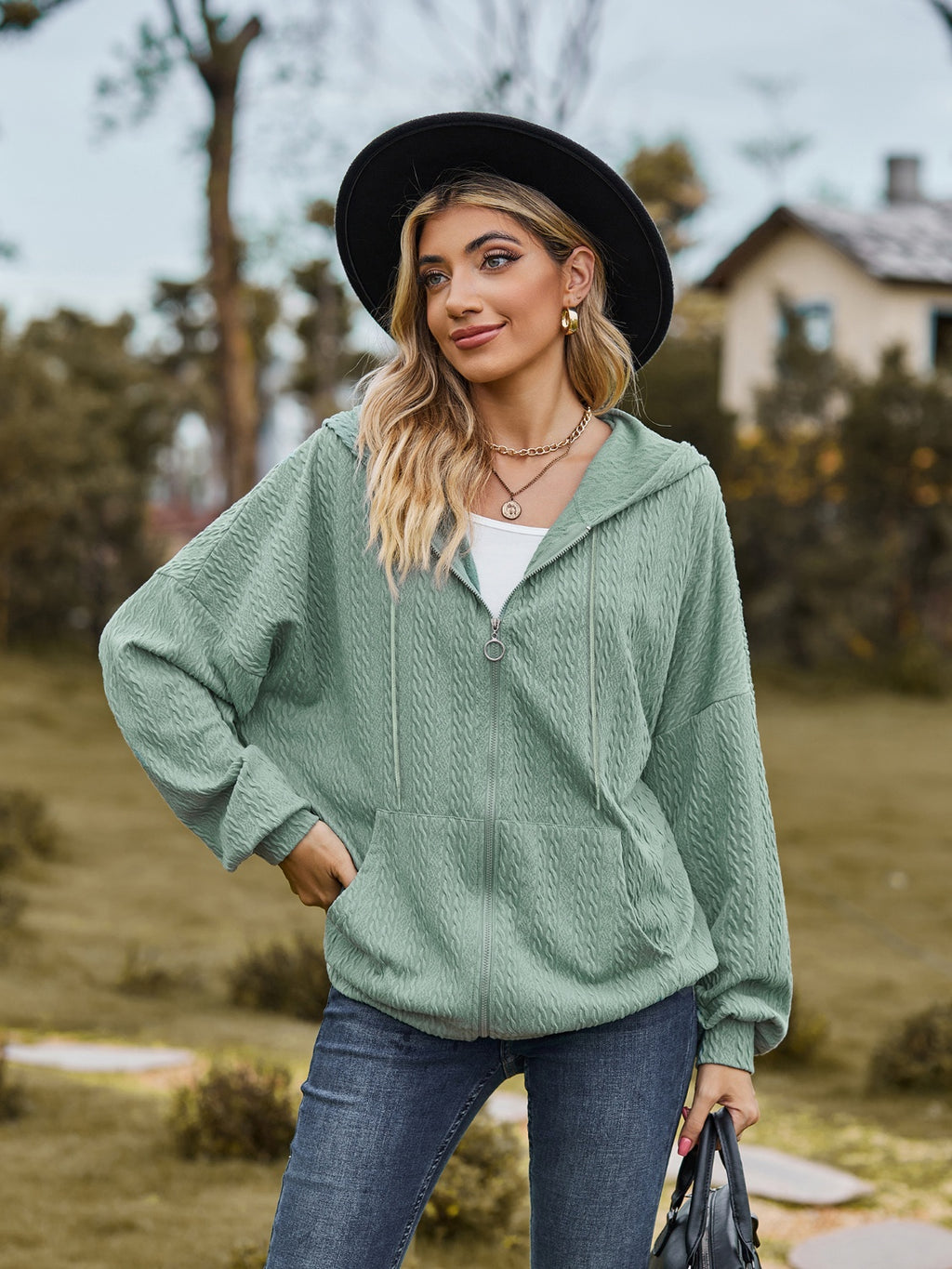 Womens Zip Up Drawstring Long Sleeve Hooded Jacket (S-2XL)