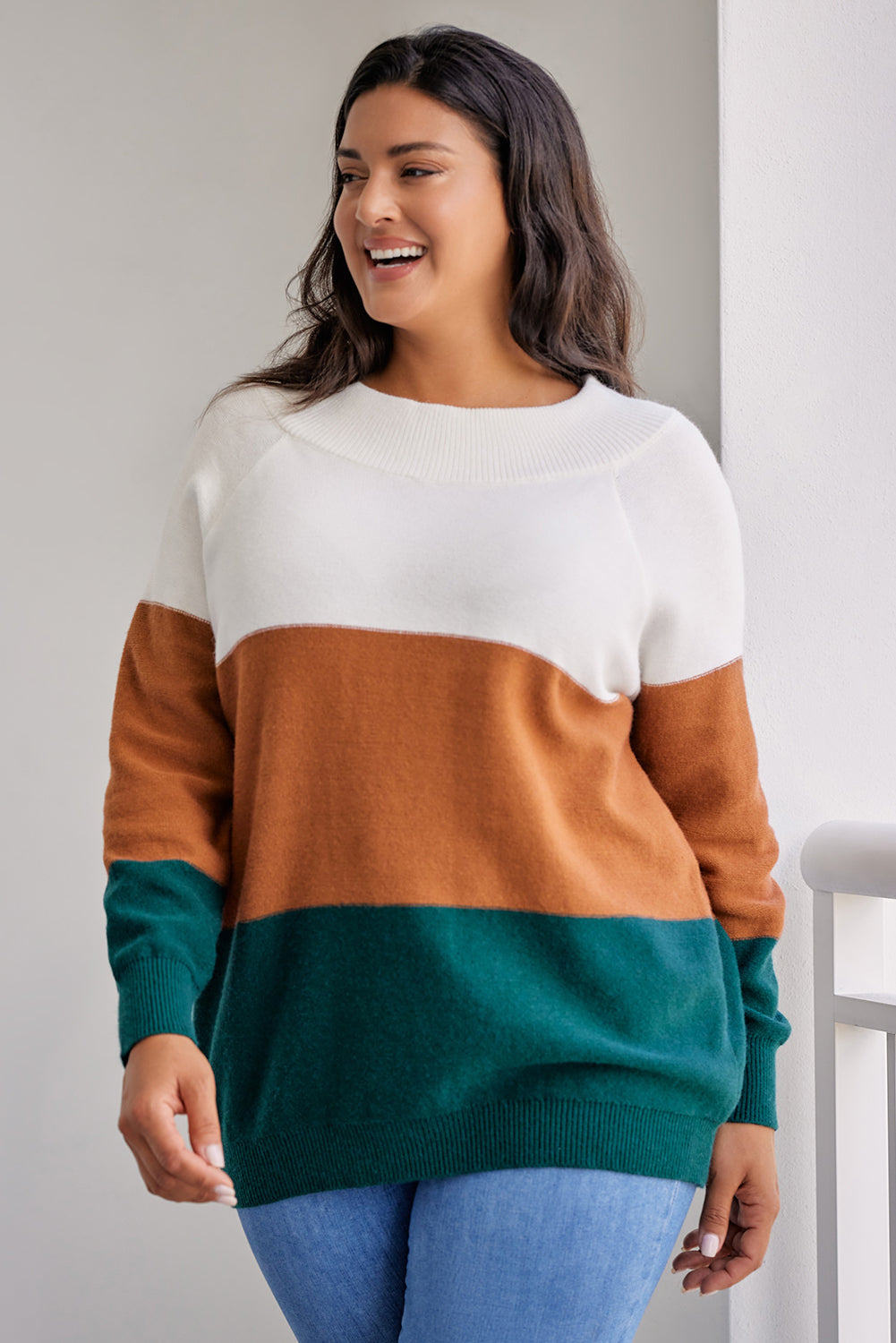 Womens Plus Size Color Block Long Sleeve Sweater (1XL-3XL)