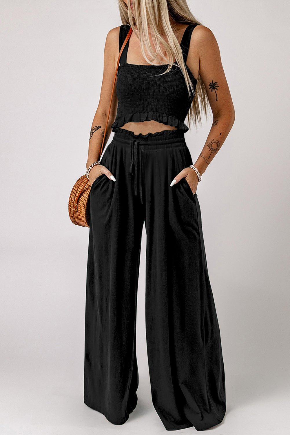 Womens Square Neck Cropped Tank Top & Long Pants Set (S-XL)
