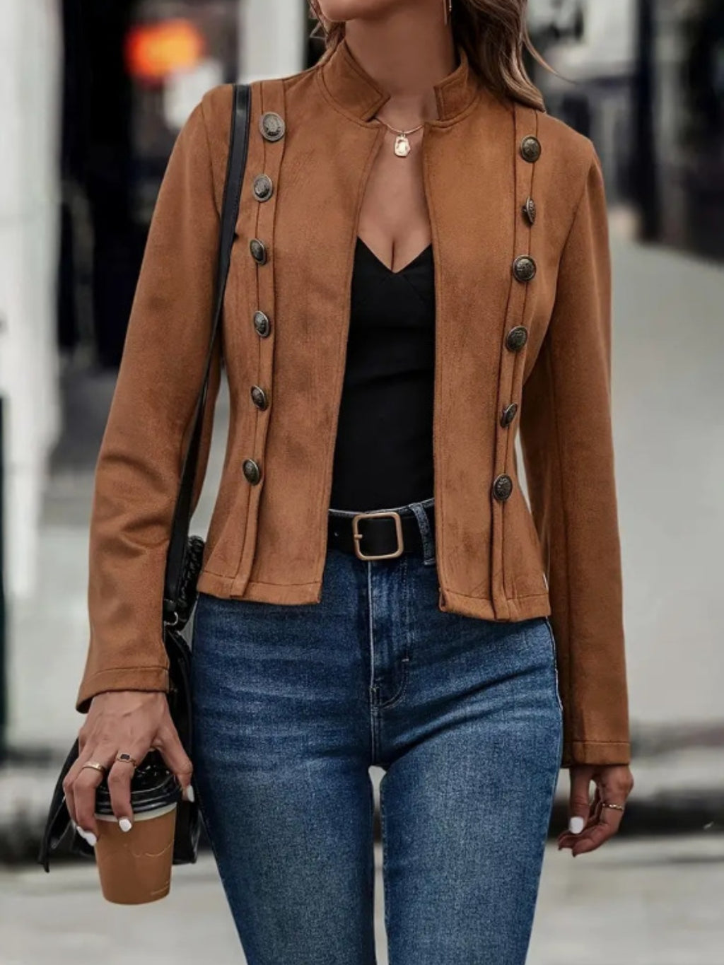 Womens Decorative Button Open Front Long Sleeve Jacket (S-2XL)