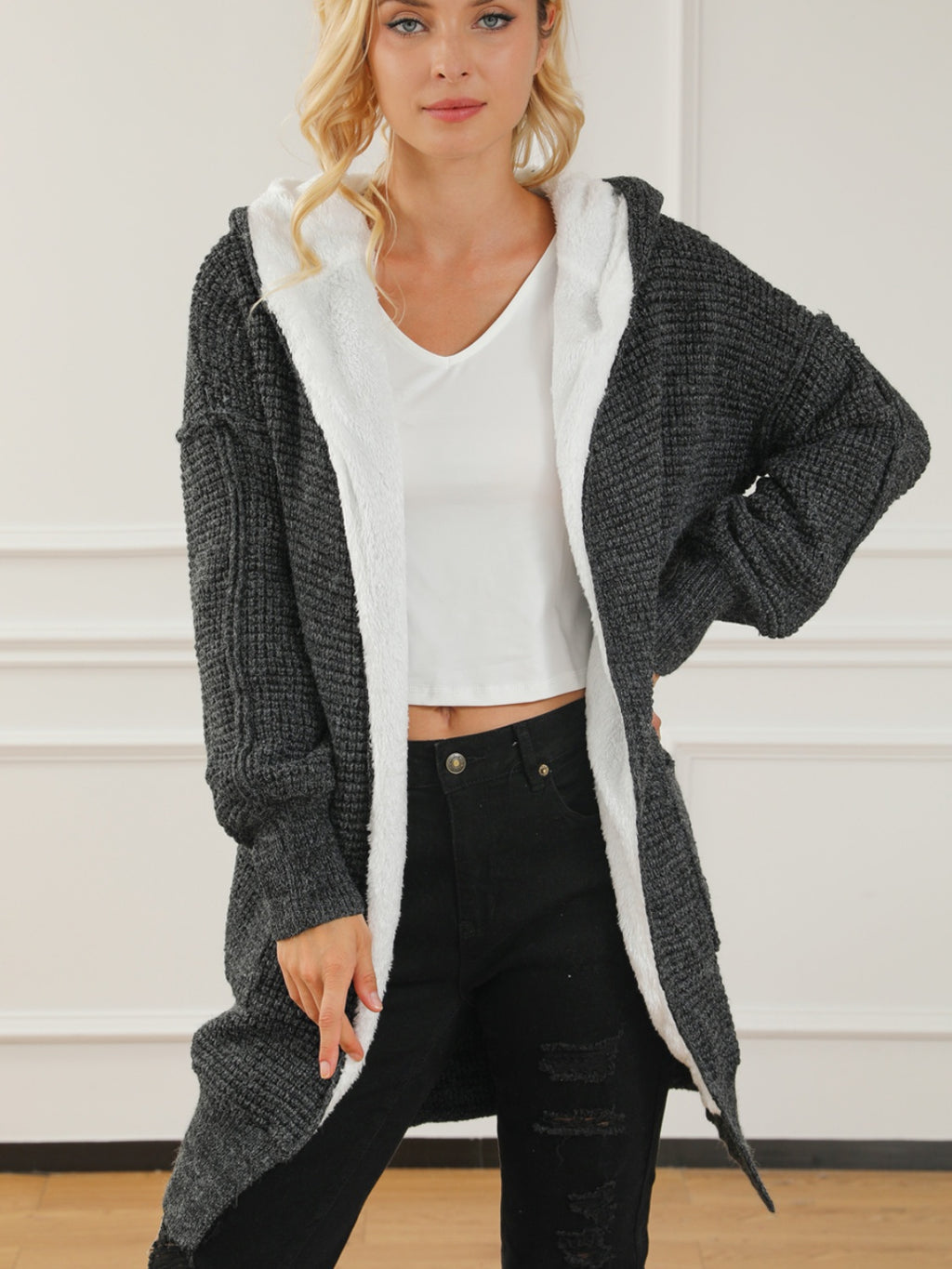 Womens Open Front Hooded Winter Coat with Pockets (S-2XL)