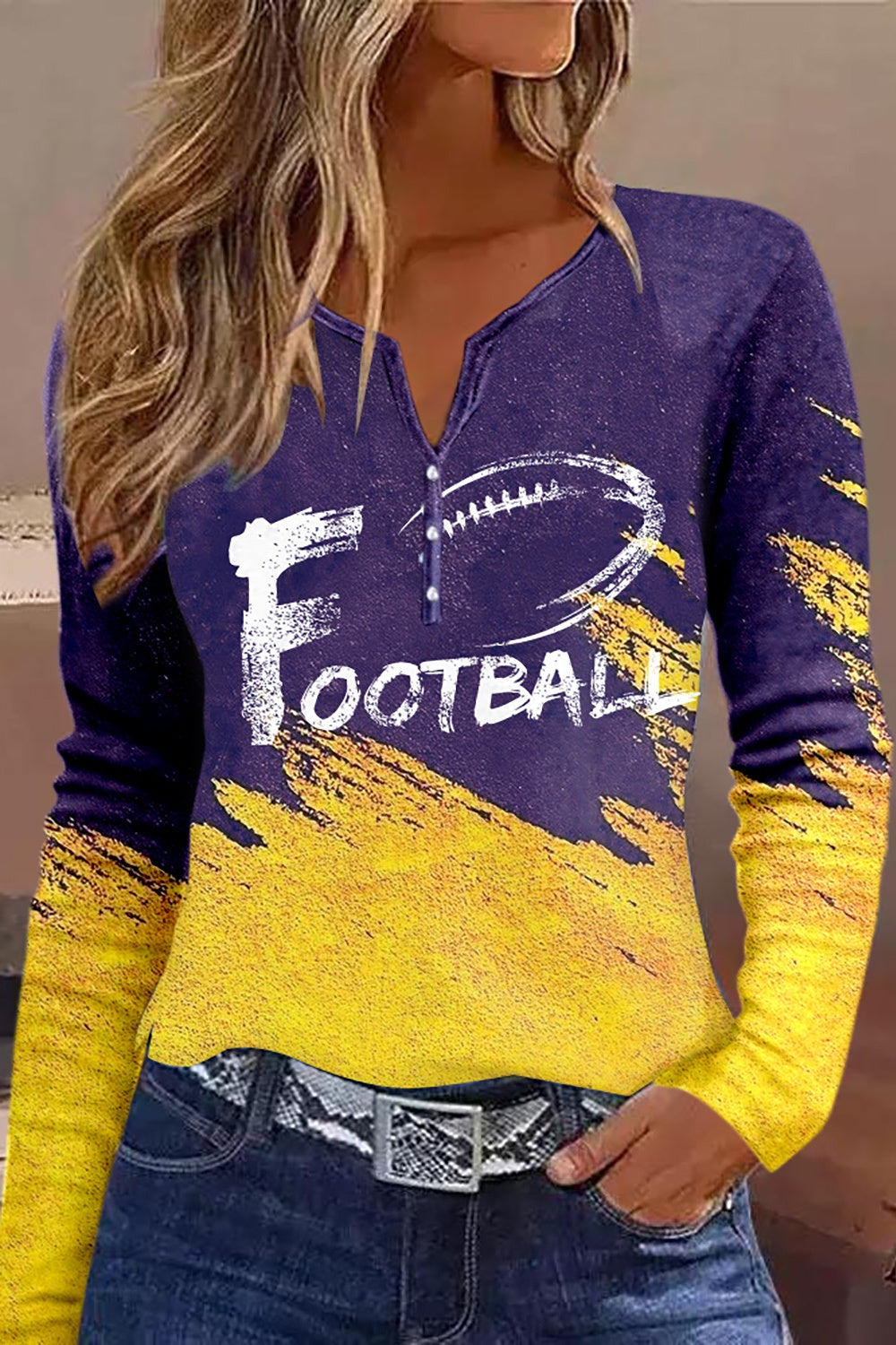 Womens FOOTBALL Graphic Notched Neck Long Sleeve T-Shirt (S-2XL)