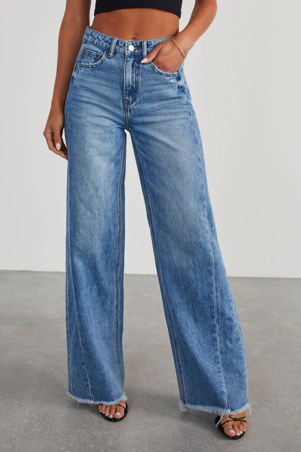 Womens Teens Raw Hem Wide Leg Jeans with Pockets (S-XL)