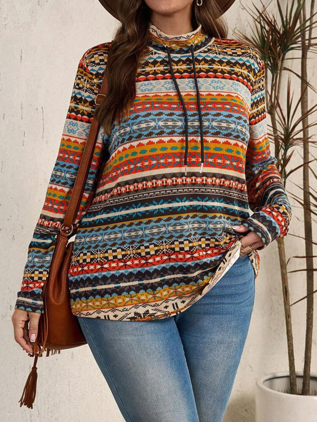Womens Plus Size Drawstring Printed Mock Neck Long Sleeve Top (XL-5XL)