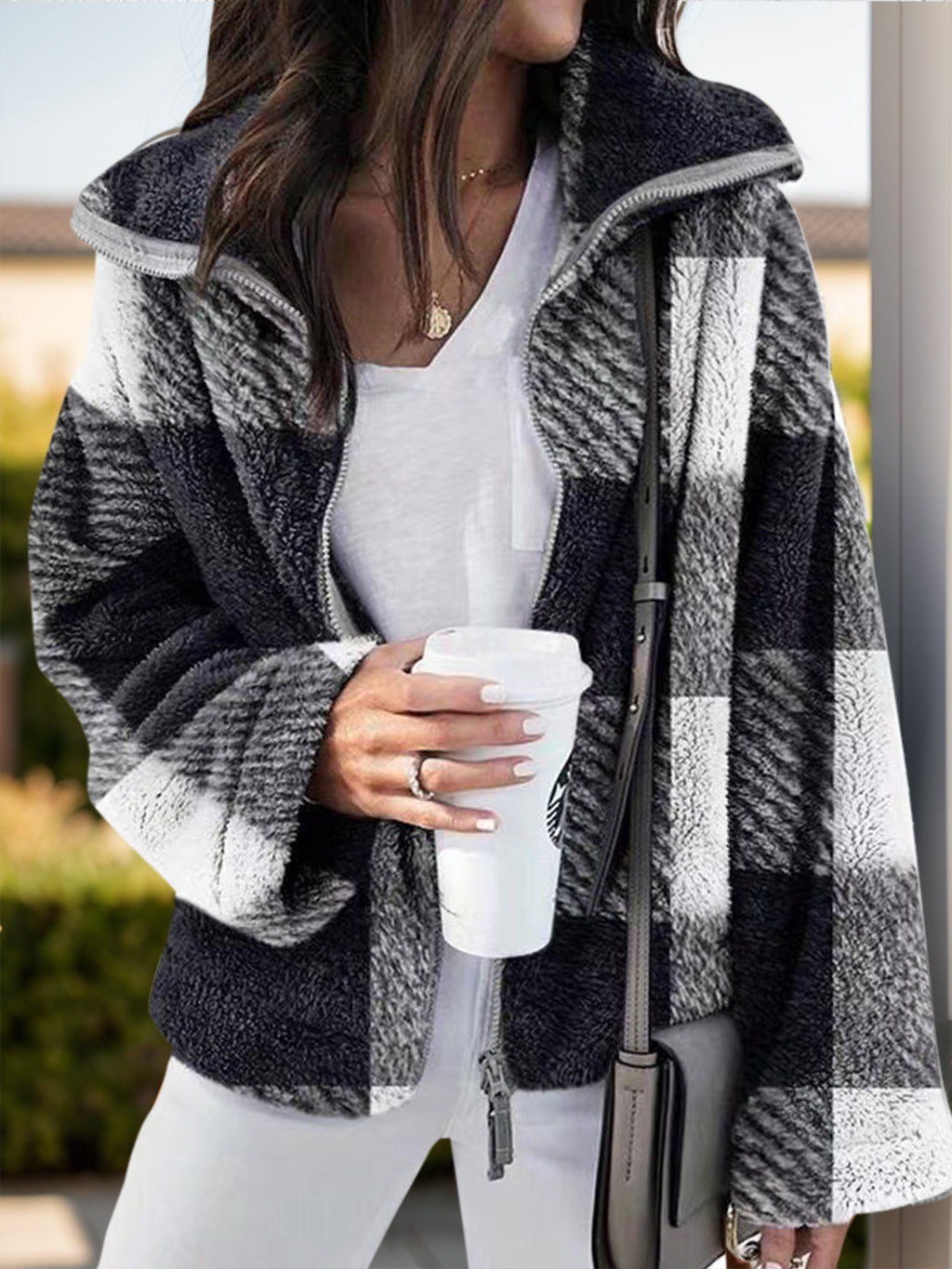 Womens Full Size Plaid Zip Up Long Sleeve Jacket (S-3XL)