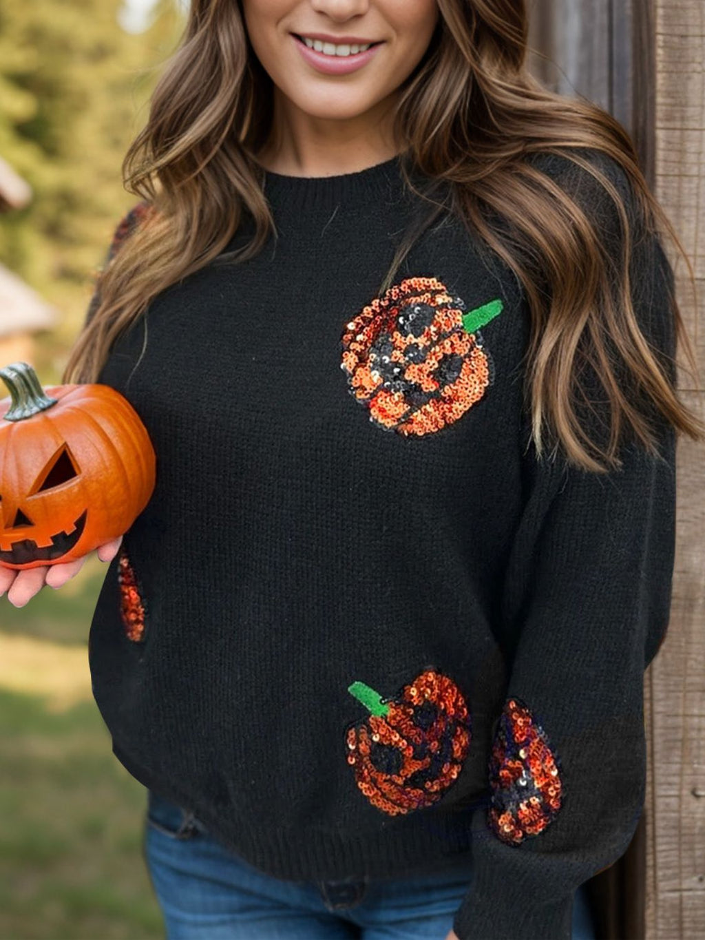 Womens Plus Size Sequin Pumpkin Round Neck Sweater (1XL-4XL)