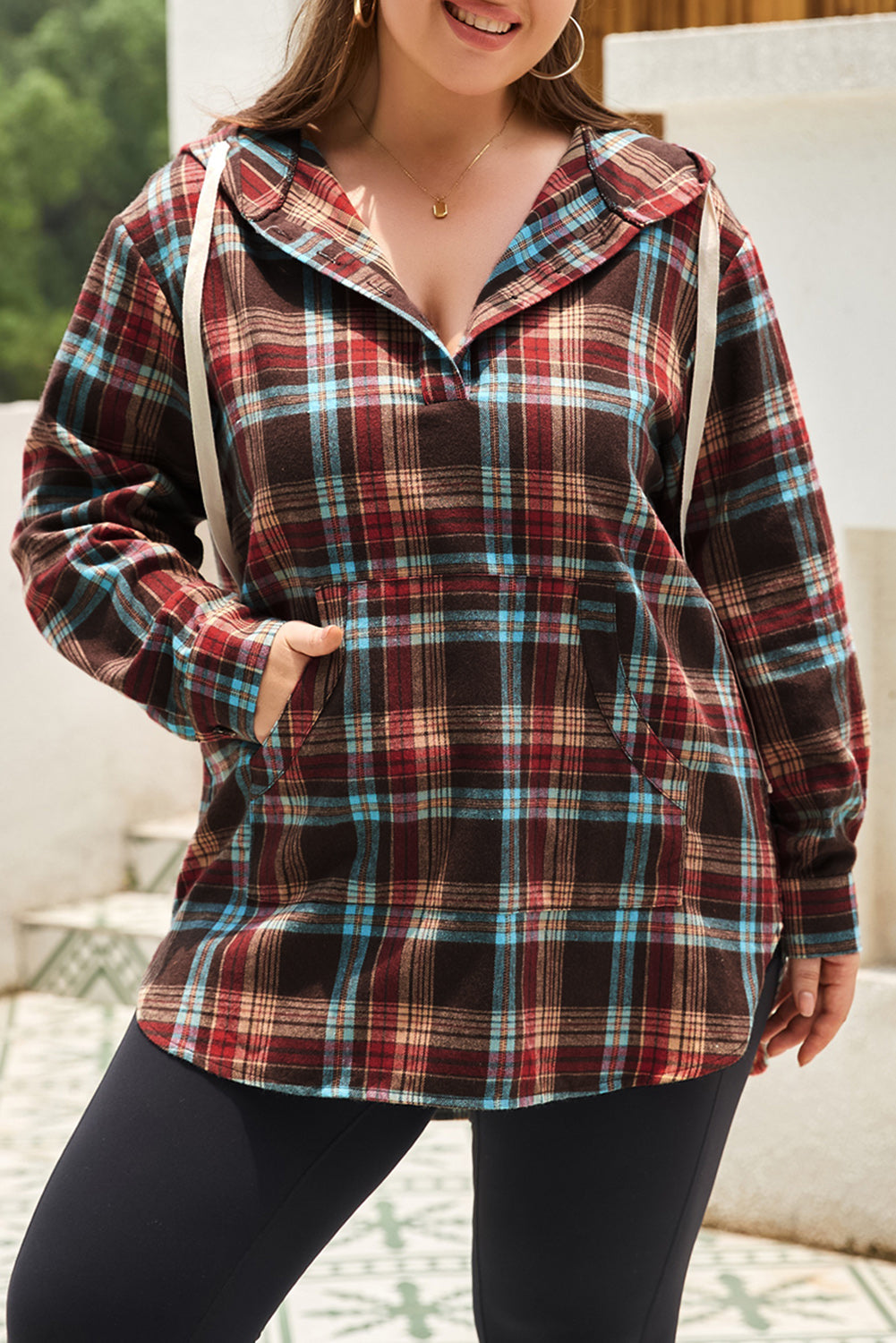 Womens Plus Size Drawstring Plaid Quarter Button Hoodie (1XL-3XL)