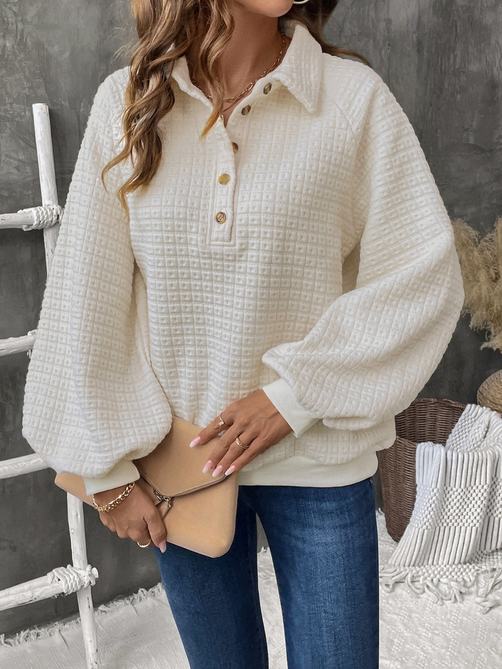 Womens Perfee Half Button Long Sleeve Sweatshirt (S-XL)