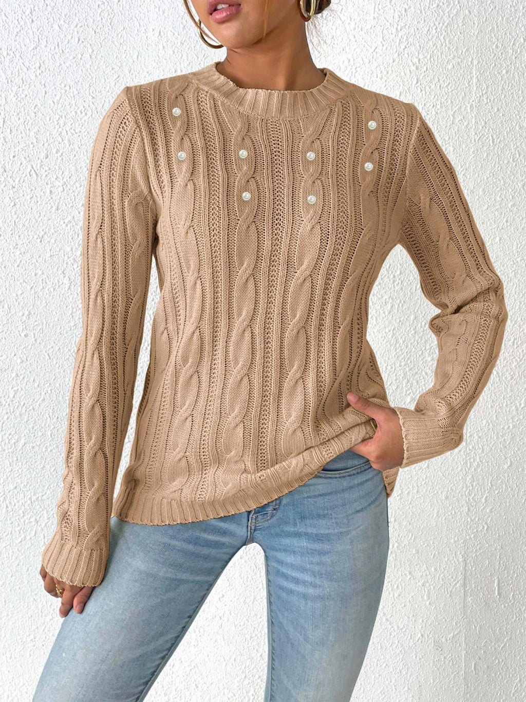 Womens Cable-Knit Round Neck Long Sleeve Sweater (S-XL)