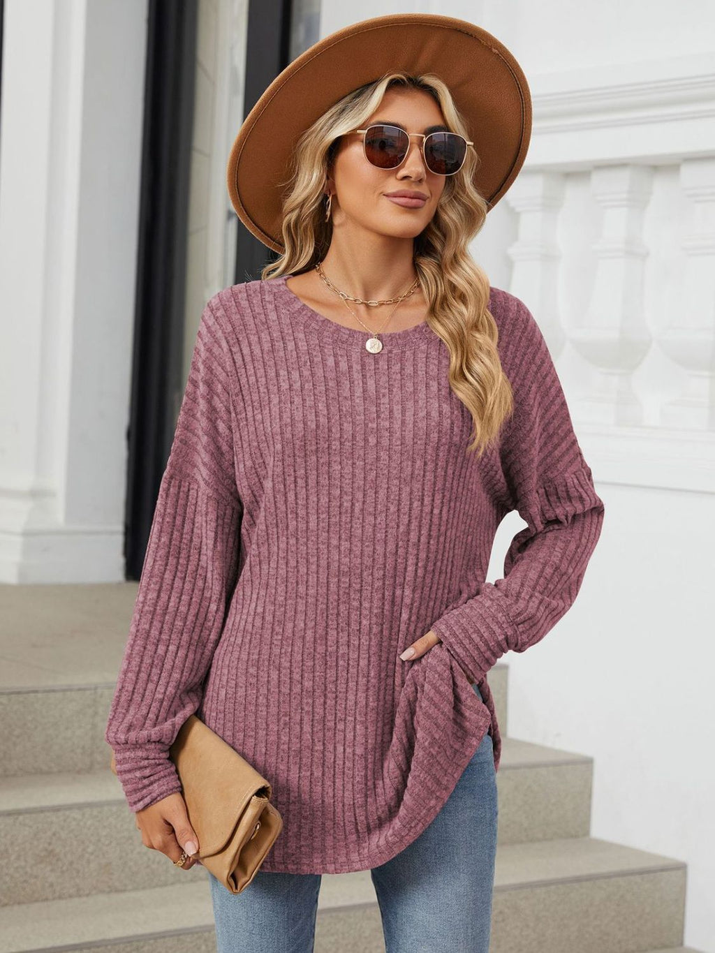 Womens Ribbed Round Neck Long Sleeve T-Shirt (S-2XL)