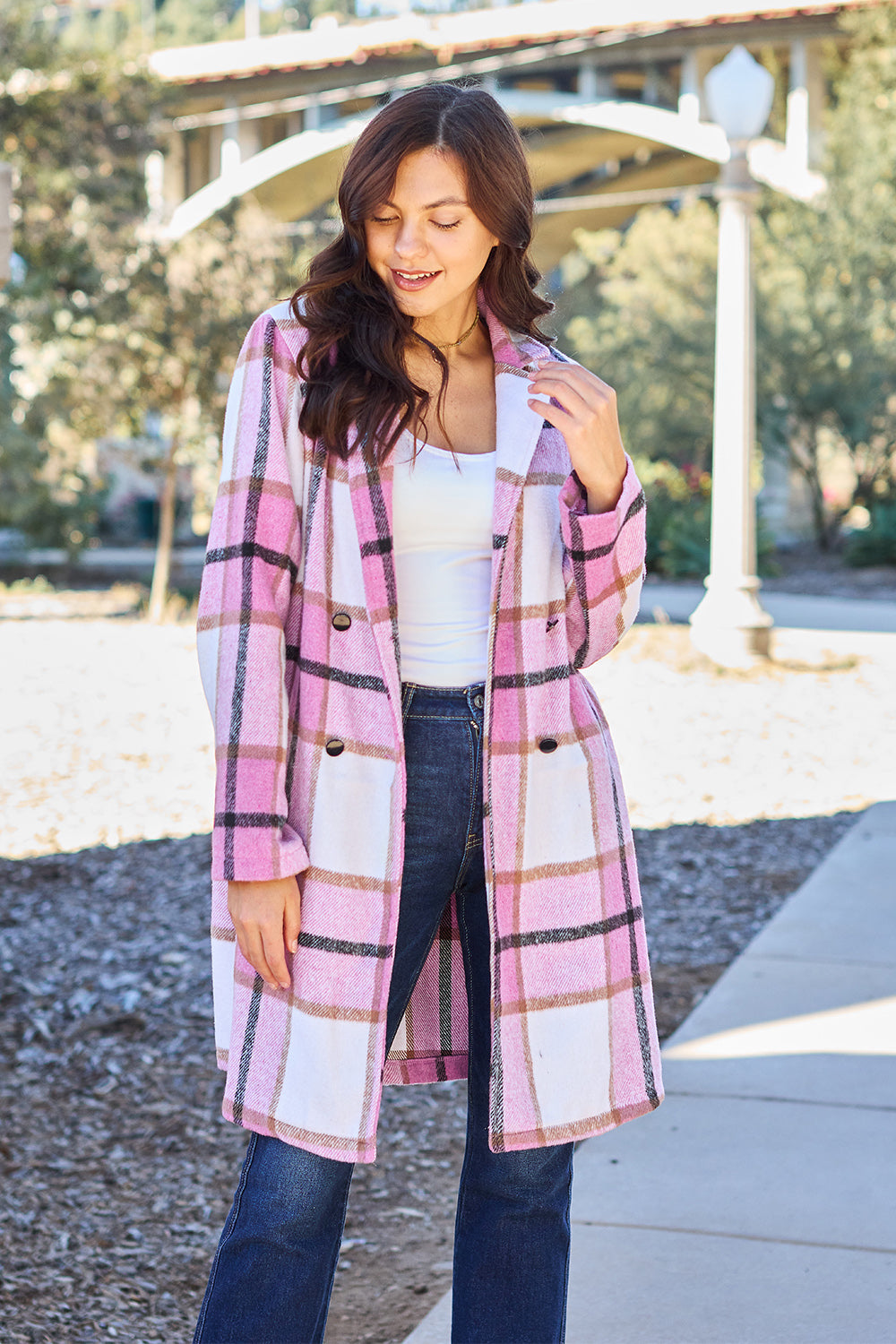 Womens Double Take Full Size Plaid Button Up Lapel Collar Coat (S-3XL)