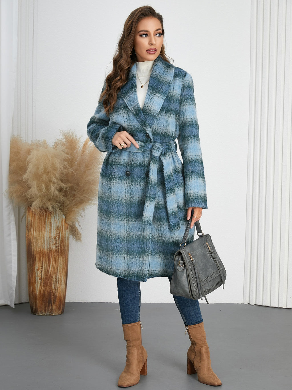 Womens Plaid Tie Waist Long Sleeve Coat (S-XL)