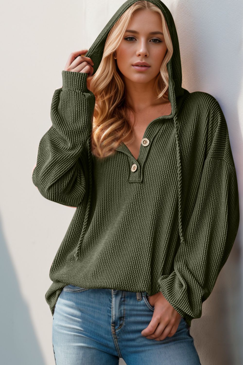 Womens Double Take Full Size Half Button Long Sleeve Hoodie (S-3XL)