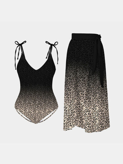 Womens Leopard Tie Shoulder Swimwear & Skirt Swim Set (S-2XL)
