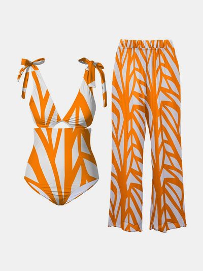 Womens Printed Tie Shoulder Swimwear & Pants Swim Set (S-2XL)