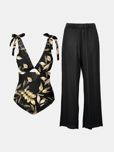 Womens Cutout Tied Bodysuit and Pants Swim Set (S-2XL)